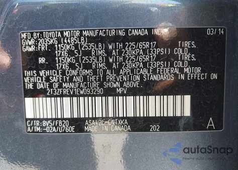 2014 Toyota Rav4 Le z USA, uszkodzony, nr VIN 2T3ZFREV1EW093290